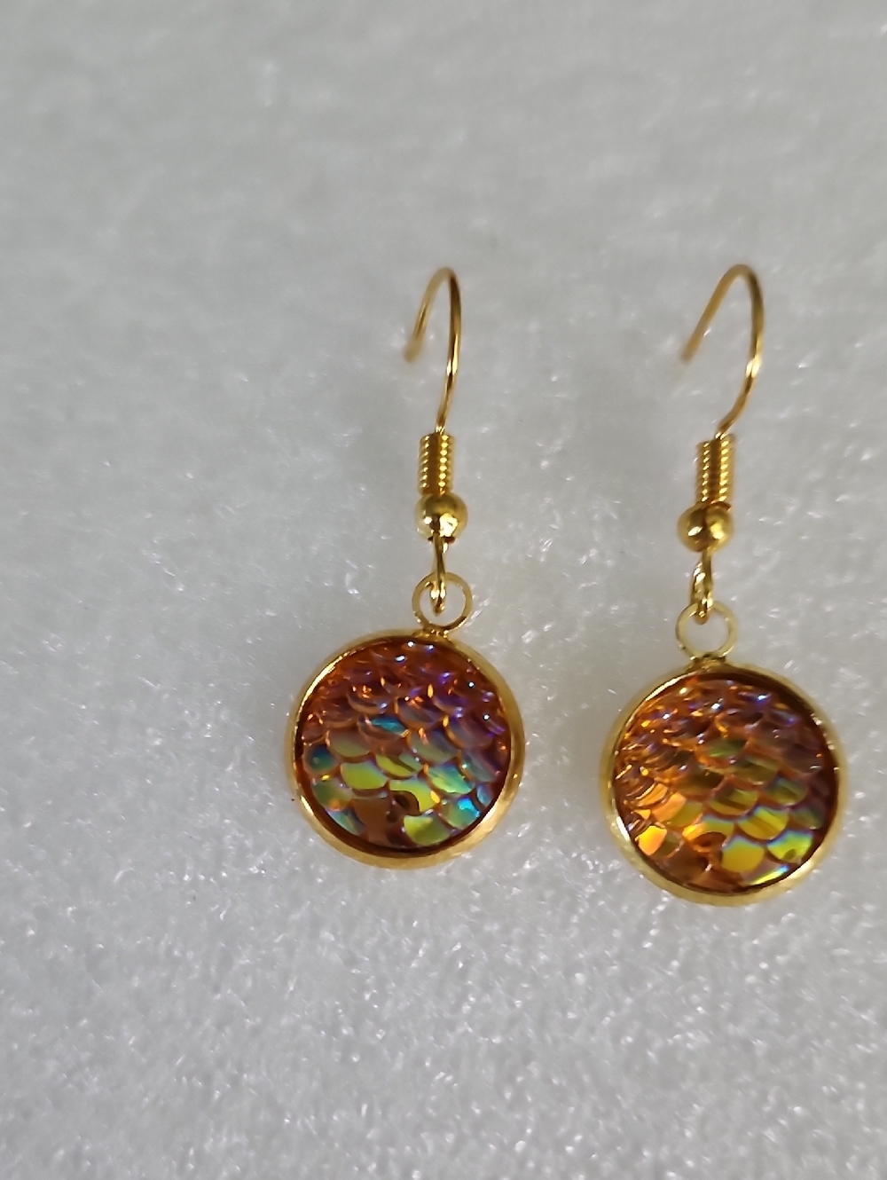 Hand Crafted Iridescent Gold and Orange Mermaid Scale Drop Earrings